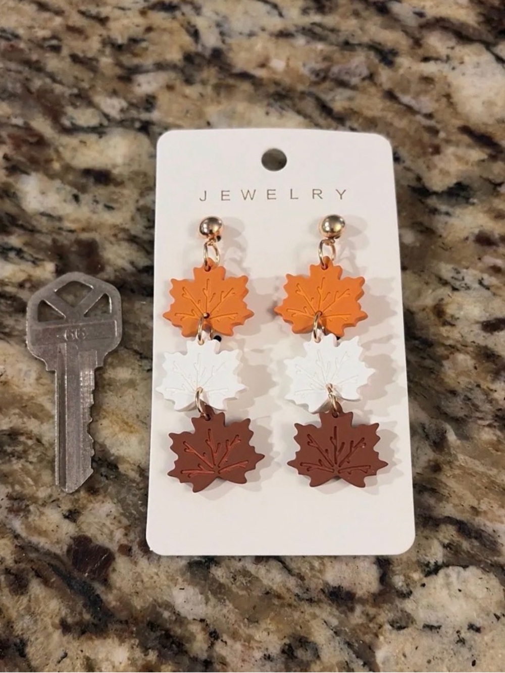 Triple Maple Leaf Drop Earrings - Orange, White & Brown